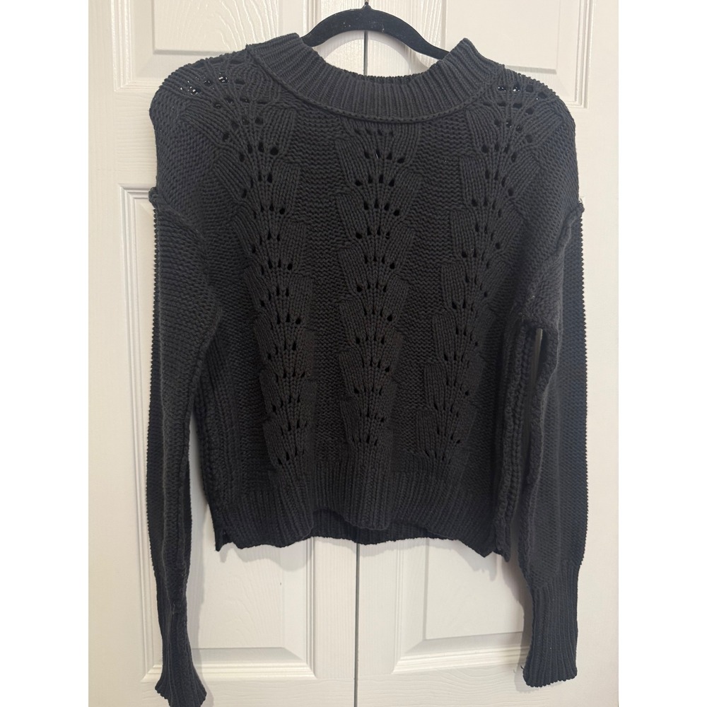 Free People Bell Song Pullover M Black Open Knit Cropped Sweater Boho